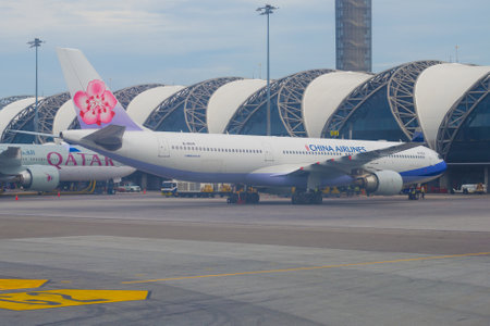 BANGKOK, THAILAND - DECEMBER 09, 2018: Airbus A330-300 (B-18316) of China Airlines on the platform of the Suvarnabhumi International Airport in the early morning.のeditorial素材