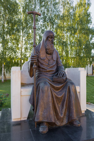 STARITSA, RUSSIA - AUGUST 28, 2019: Monument to Saint Job - the first Patriarch of Moscow and all Russia close-up. Staritsky Svyato-Uspensky monasteryのeditorial素材