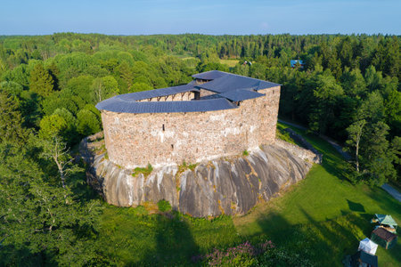 The medieval castle of Raseborg on July evening (shooting from a quadcopter). Snappertuna, Finlandのeditorial素材