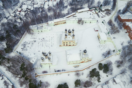 Above Holy Trinity Makaryevo-Unzhensky Monastery on a January cloudy day (aerial photography)....