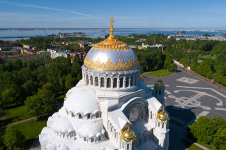 Dome of St. Nicholas Naval Cathedral close-up on a sunny May day (aerial photography). Kronstadtのeditorial素材
