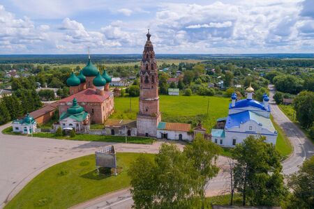 View of the ancient temples of Velikoye village on a sunny July day (shooting from a quadrocopter). Yaroslavl region, Russiaの写真素材
