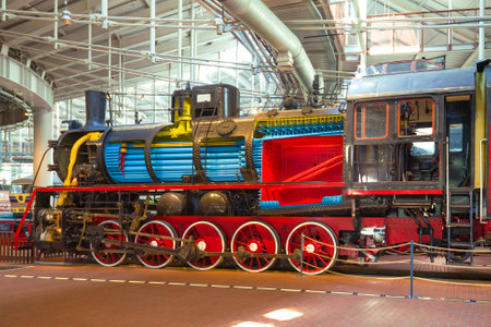 ST. PETERSBURG, RUSSIA - AUGUST 16, 2018: Old steam locomotive in a section. Fragment of the exposition of the museum of railway transportのeditorial素材