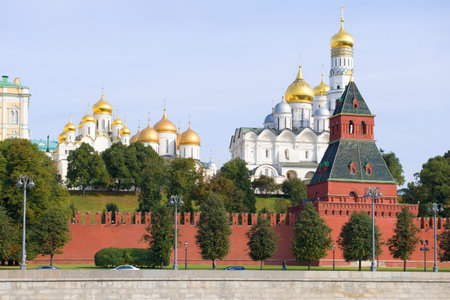 View of the temples of the Moscow Kremlin on a sunny September morning. Moscow, Russiaのeditorial素材