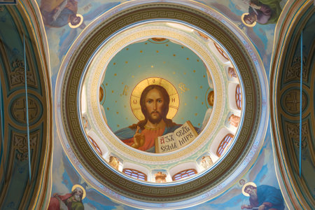 STARITSA, RUSSIA - AUGUST 28, 2019: Image of Jesus Christ on the inside of the dome of the Trinity...