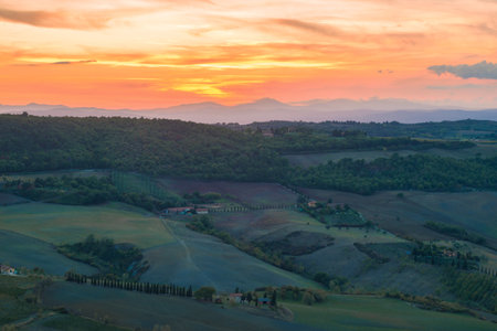 TUSCANY, ITALY - SEPTEMBER 22, 2017: September sunset in the vicinity of Montepulcianoのeditorial素材