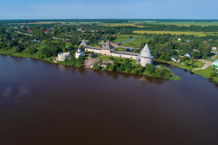 Staraya Ladoga fortress in a summer landscape (aerial photography). Staraya Ladoga, Russiaのeditorial素材