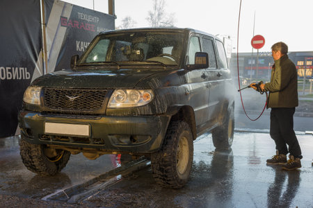 ST. PETERSBURG, RUSSIA - MAY 03, 2020: Russian UAZ-PATRIOT car at a self-service car washのeditorial素材