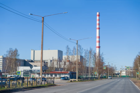 SOSNOVY BOR, RUSSIA - MAY 03, 2020: Sunny day in may on the Koporskoe highway. View of the buildings of the Leningrad Nuclear Power Plantのeditorial素材