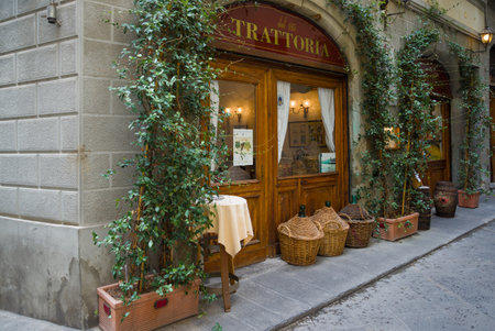 Facade of old trattoria close-up. Florence, Italyのeditorial素材