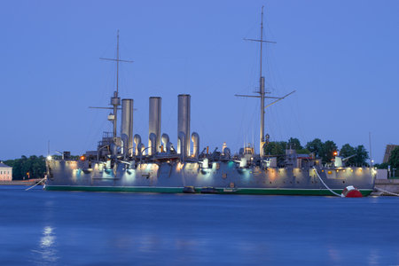 ST. PETERSBURG, RUSSIA - JUNE 21, 2020: Old cruiser Aurora on a white night