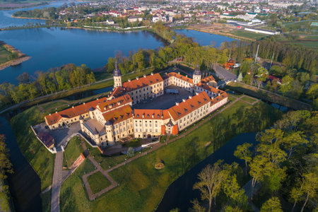 Ancient Nesvizh castle on a sunny May day (aerial photography). Nesvizh, Belarusのeditorial素材