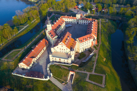 Nesvizh Castle close-up on a May morning (aerial photography). Nesvizh, Belarusのeditorial素材