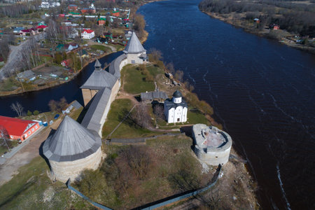 Above the ancient Staroladozhskaya fortress on an April day (aerial photography). Staraya Ladoga, Russiaのeditorial素材