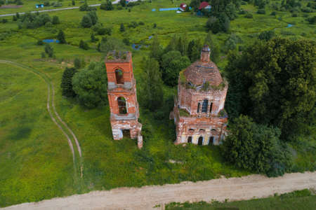 Top view of the ruins of the ancient Spasskaya Church in the village of Pogoreltsy. Tver region,...