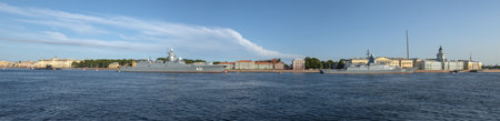ST. PETERSBURG, RUSSIA - JULY 25, 2019: Panorama of the Neva with warships. Preparations for the celebration of the Navy Dayのeditorial素材