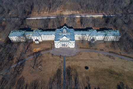Above the ancient Znamensky Palace on a March day (aerial photography). Manor "Znamenka", Neighborhoods of St. Petersburg, Russiaのeditorial素材