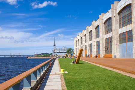 SAINT-PETERSBURG, RUSSIA - JULY 03, 2020: Marine embankment in the public space "Sevkabel port"のeditorial素材