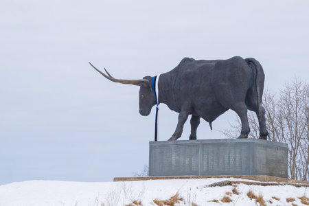 RAKVERE, ESTONIA - MARCH 08, 2018: View of the sculpture of the giant bull Tarvas on a cloudy March morningのeditorial素材