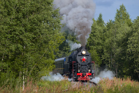 RUSKEALA, RUSSIA - AUGUST 15, 2020: Retro train "Ruskeala Express" in the summer forest. Kareliaのeditorial素材