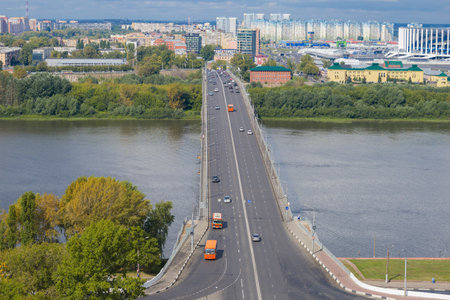 NIZHNIY NOVGOROD, RUSSIA - AUGUST 28, 2020: Over the Kanavinskiy bridge on a sunny August dayのeditorial素材