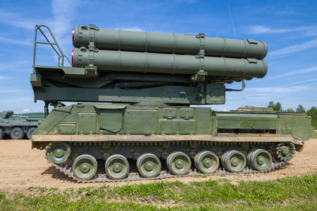 ALABINO, RUSSIA - AUGUST 25, 2020: The 9A316M launcher of the Buk-M3 anti-aircraft missile system on the GM-5969 7-roller chassis before the demonstration program. International Military Forum "Army-2020"のeditorial素材