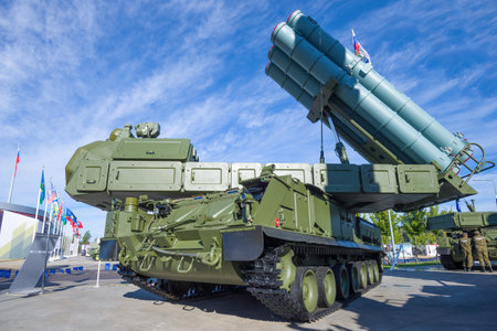 MOSCOW REGION, RUSSIA - AUGUST 27, 2020: Self-propelled launcher 9A317ME of the fourth generation Viking anti-aircraft missile system in deployed position. Exhibit of the international military forum "Army-2020"のeditorial素材