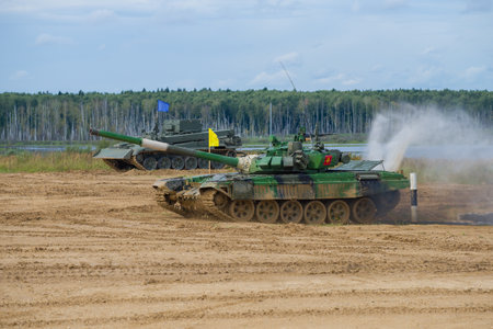 ALABINO, RUSSIA - AUGUST 27, 2020: T-72B3 tank of the Kyrgyz team on the tank biathlon track....
