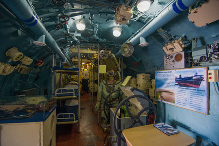 VYTEGRA, RUSSIA - AUGUST 16, 20190: Interior of one of the compartments of the Soviet submarine B-440のeditorial素材