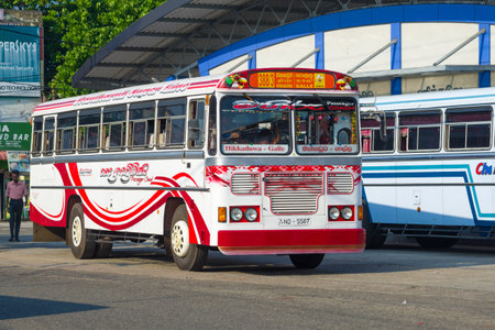 HIKKADUWA, SRI LANKA - FEBRUARY 20, 2020: Shuttle bus Hikkaduwa-Colombo in front of the bus stationのeditorial素材