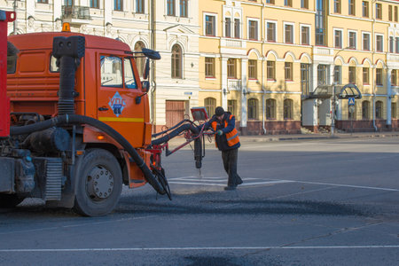 PSKOV, RUSSIA - OCTOBER 21, 2017: Road works on a city street