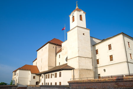 Shpilberk Castle is close-up against the background of a blue cloudless sky. Brno, Czech Republicのeditorial素材
