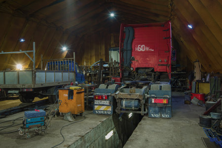 SAINT PETERSBURG, RUSSIA - AUGUST 04, 2020: Interior of a small truck car serviceのeditorial素材