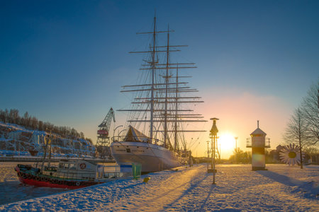 TURKU, KOTKA - FEBRUARY 23, 2018: February sunset on the territory of the maritime museum "Forum Marinum"のeditorial素材