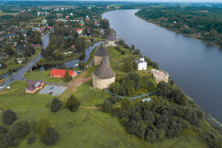 Staraya Ladoga fortress and Volkhov river on a August day (aerial photography). Leningrad region, Russiaのeditorial素材
