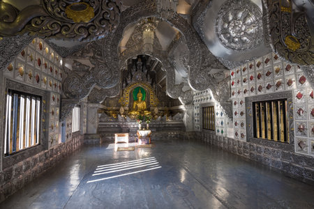 CHIANG MAY, THAILAND - JULY 18, 2020: Interior of Wat Sri Suphan Buddhist Temple (Silver Temple)のeditorial素材