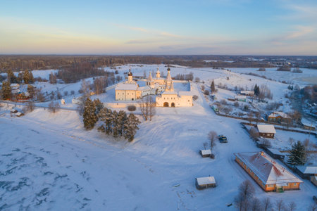 Ferapontov Belozersky Monastery in a winter landscape on a December evening (aerial photography). Vologda region, Russiaの写真素材