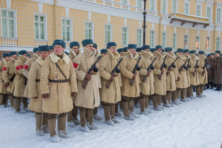 SAINT PETERSBURG, RUSSIA - JANUARY 24, 2019: Soldiers in winter uniforms during the Great Patriotic War in the ranks. Rehearsal of the military parade in honor of the lifting of the blockade of Leningradのeditorial素材
