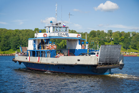 TUTAEV, RUSSIA - JULY 14, 2016: Self-propelled cargo-passenger river ferry "SP-44" on the Volga river close-upのeditorial素材
