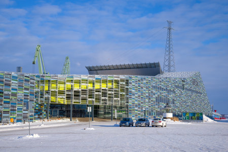 KOTKA, FINLAND - FEBRUARY 25, 2018: At the entrance to the maritime center Vellamo in February afternoonのeditorial素材