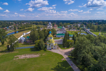 Sunny July day over the Tikhvin Theotokos Assumption Monastery (aerial photography). Leningrad...