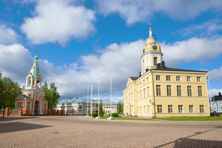Old Town Hall and the bell tower of the Church of the Apostles Peter and Paul on a June day. Hamina, Finlandの写真素材