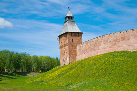 View of the Spasskaya Tower on a sunny May day. Kremlin of Veliky Novgorod, Russiaのeditorial素材