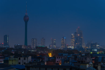 COLOMBO, SRI LANKA - FEBRUARY 22, 2020: Lotus TV Tower in the night landscape of modern Colomboのeditorial素材