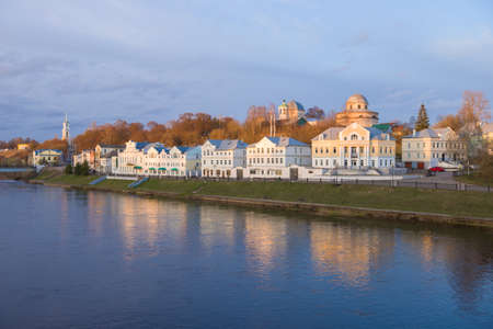 View of the city embankment on a April evening. Torzhok, Tver region. Russiaの写真素材