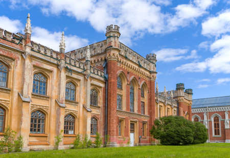 PETRODVORETS, RUSSIA - MAY 29, 2021: Fragment of the old complex of the Imperial Gothic stables on a sunny May day. Peterhofのeditorial素材