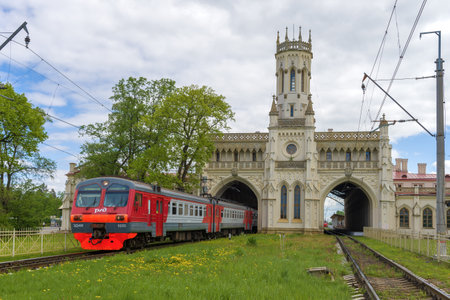 PETERHOF, RUSSIA - MAY 29, 2021: Suburban electric train ED4M departs by from the station of Novy...