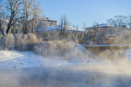 VYTEGRA, RUSSIA - FEBRUARY 23, 2021: Cityscape on a frosty February dayのeditorial素材