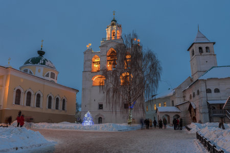 YAROSLAVL, RUSSIA - JANUARY 05, 2021: Bell tower of the Transfiguration Monastery in January twilight. Golden Ring of Russiaのeditorial素材