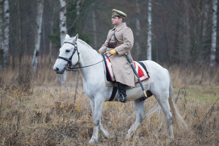 GATCHINA, RUSSIA - NOVEMBER 07, 2015: Red Commissar on horseback at the edge of the autumn forest. International Military-Historical Festival "Civil War in Russia. North-West, 1919"のeditorial素材
